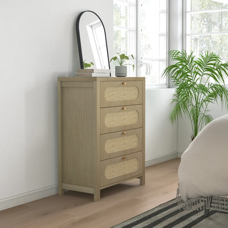 HOMCOM Commode 4 tiroirs meuble de rangement style bohémienne avec portes résine tressée, 70 x 38 x 93 cm, effet bois naturel