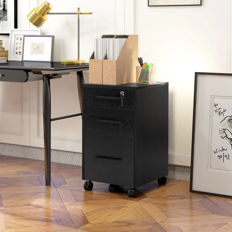 HOMCOM Cassettiera Portadocumenti da Ufficio Schedario con 3 Cassetti e Serratura, in Legno, Nero, 39.2 x 40 x 65.4cm