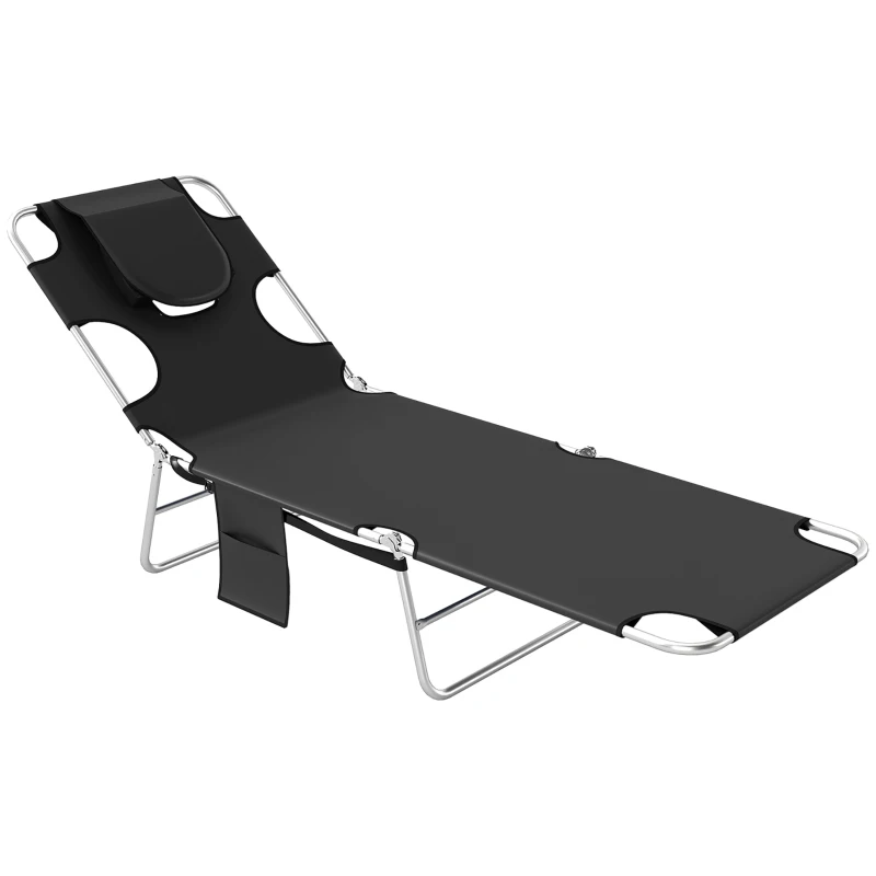 Outsunny Foldable Sun Lounger - Beach Chaise Lounge with Reading Hole, Arm Slots, 5-Position Adjustable Backrest, Side Pocket, Pillow for Patio, Garden, Beach, Pool, Black