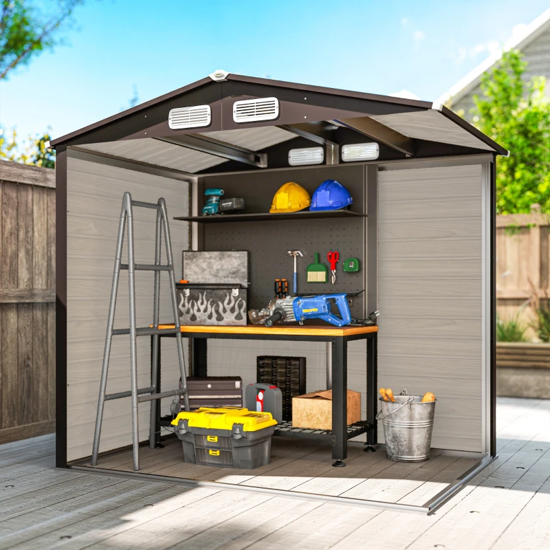 Outsunny Casetta da Giardino in Acciaio con Prese d'Aria e Catenaccio, 1.9x1.3m, Colore Quercia(m-9)