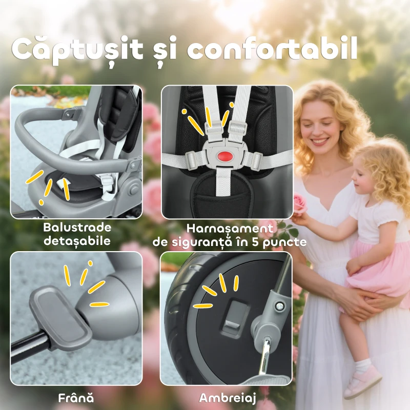 AIYAPLAY Triciclu Pliabil pentru Copii 6 în 1 cu Mâner Reglabil pentru Părinți și Copertină pentru Vârste 1-5, Negru