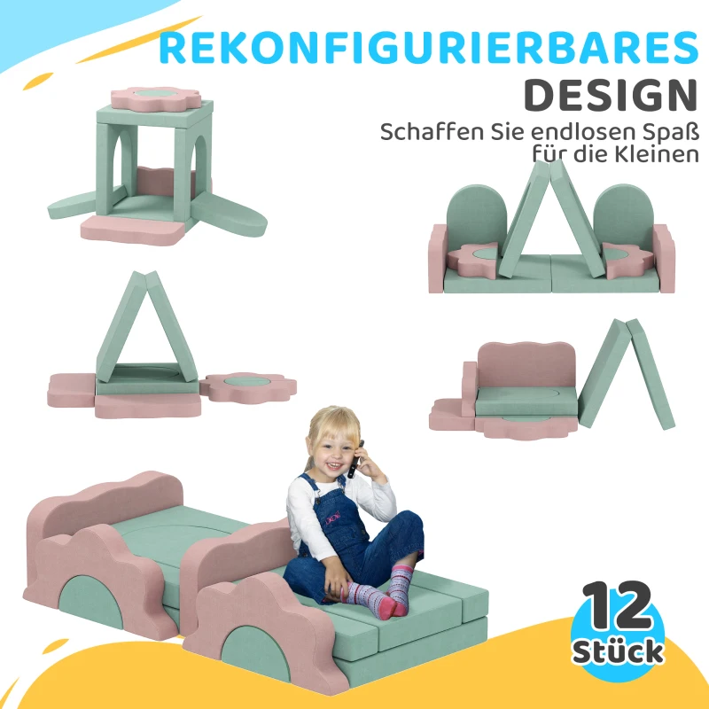 AIYAPLAY 12-delige Set Schuim Blokken om te Klimmen, Bouwen, Kruipen, Binnen Speelmatten met Cordbekleding, Groen+Roze(m-4)