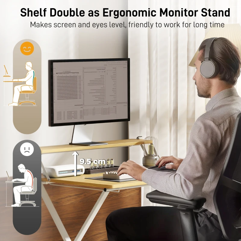 HOMCOM Compact Folding Desk for Small Spaces, Foldable Computer Desk with Storage Shelf for Home Office, 2-Tier Study Writing Table, 86 x 66 x 82 cm, Maple Wood-effect