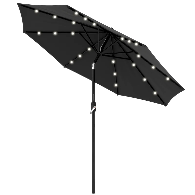 Outsunny Φ2.7m Garden Parasol Solar Outdoor Tilt Sun Umbrella Patio Sun Shade w/ 24 LED Light, Hand Crank and 8 Ribs, Black