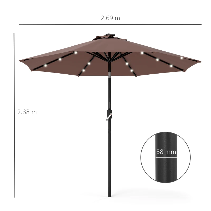 Outsunny Φ2.7m Garden 24 LED Light Parasol Solar Outdoor Tilt Sun Umbrella Patio Club Party Event Manual Sun Shade w/ Hand Crank and 8 Ribs, Brown