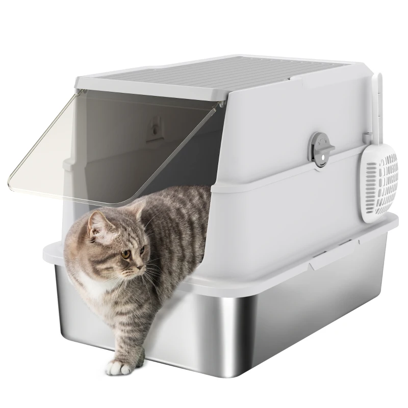 PawHut Extra Large Stainless Steel, Cat Litter Tray with Scoop, Flip Top