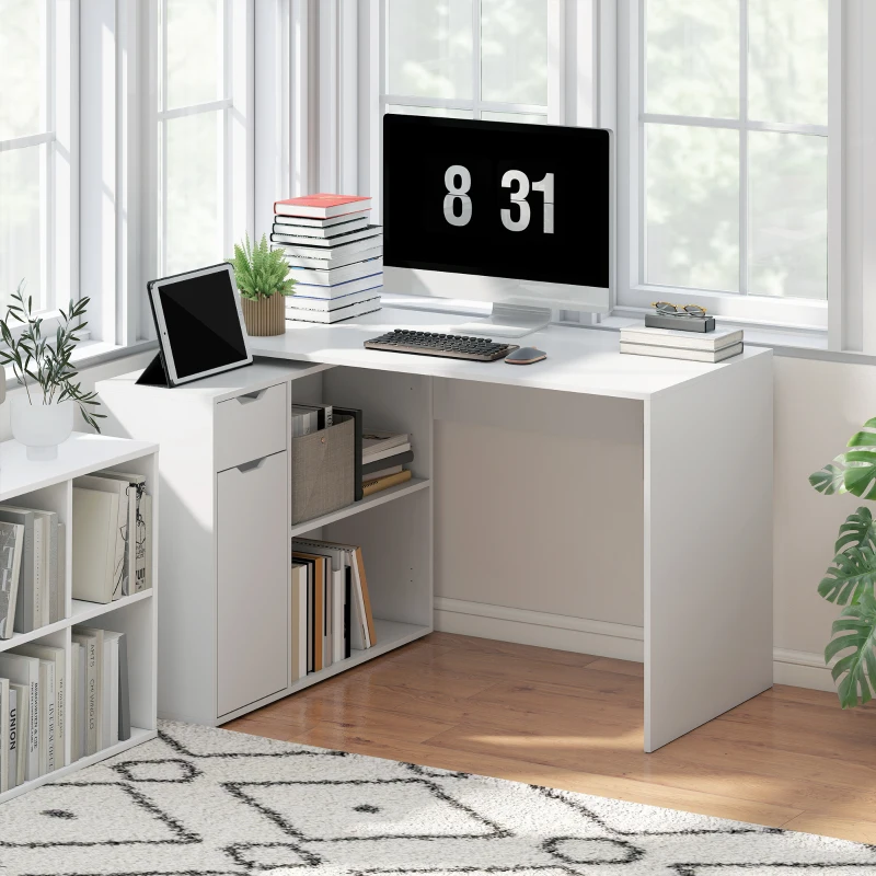 HOMCOM Bureau flexible, Armoire à deux niveaux, Tiroir, Étagères ouvertes, Panneau de particules, Blanc