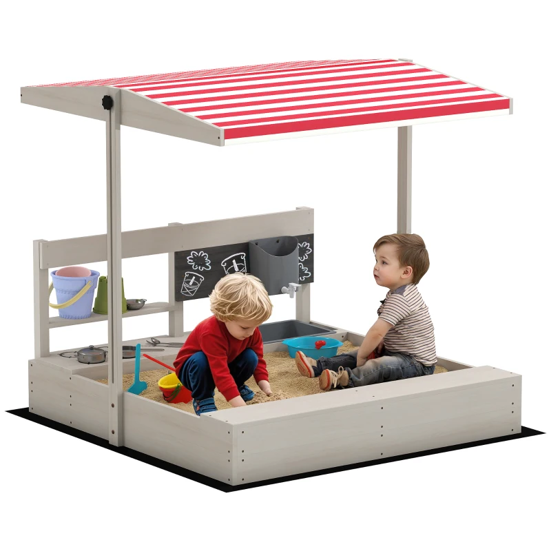 Outsunny Kids Wooden Sandbox w/ Canopy, Kitchen Toys, Seat, Storage, for Ages 3-7 Years