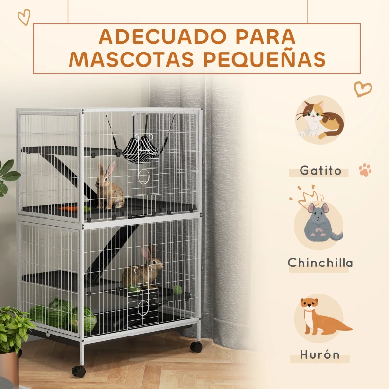PawHut Jaula para Animales Pequeños con Ruedas Rampas Hamaca y Bandeja Extraíble para Chinchillas Hurones 80x52x128 cm Blanco