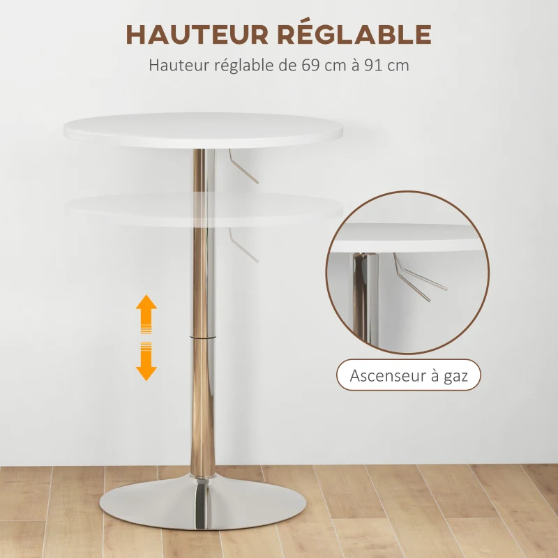 HOMCOM Table de bar ronde table haute cuisine réglable en hauteur 69-91 cm plateau pivotante à 360° blanc et argenté