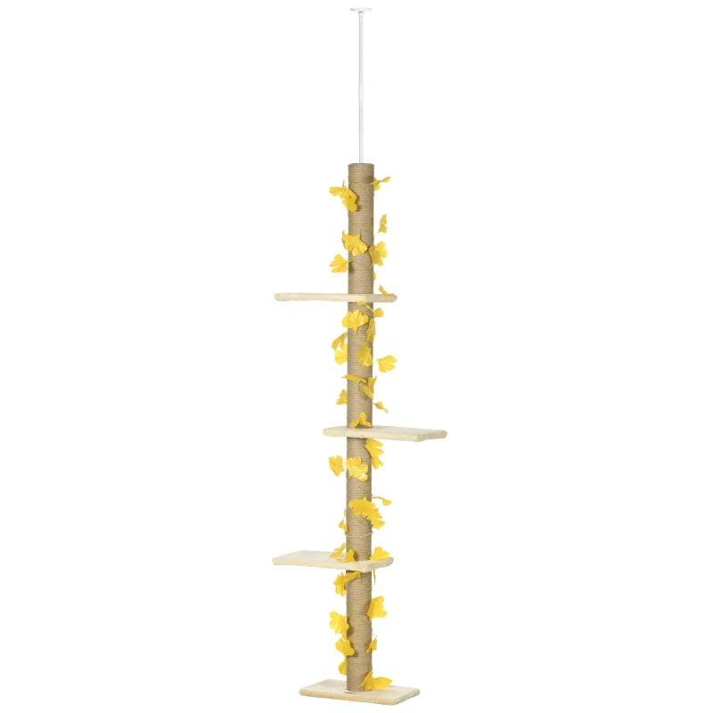 PawHut 242cm Adjustable Floor-To-Ceiling Cat Tree, with Artificial Decoration, Perches, Anti-Slip Kit - Yellow