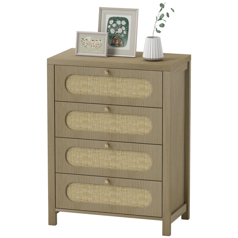 HOMCOM Commode 4 tiroirs meuble de rangement style bohémienne avec portes résine tressée, 70 x 38 x 93 cm, effet bois naturel