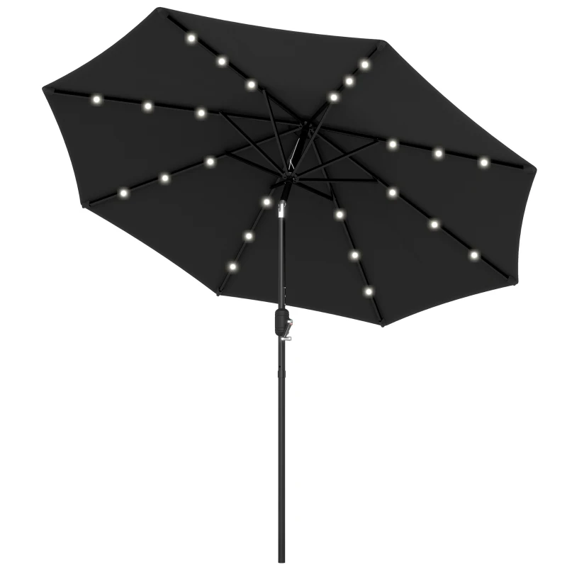 Outsunny Φ2.7m Garden Parasol Solar Outdoor Tilt Sun Umbrella Patio Sun Shade w/ 24 LED Light, Hand Crank and 8 Ribs, Black