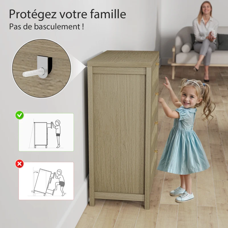 HOMCOM Commode 4 tiroirs meuble de rangement style bohémienne avec portes résine tressée, 70 x 38 x 93 cm, effet bois naturel