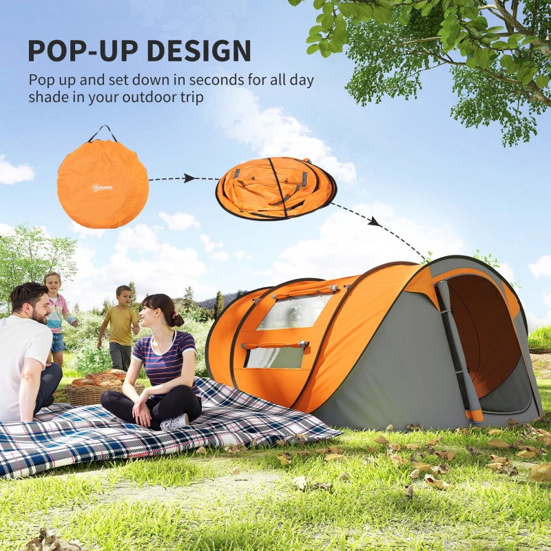 Outsunny 4 Person Pop-up Camping Tent Family Tent with Ground Sheet, 4 Windows and Portable Carry Bag for Beach Outdoor Trip, Orange