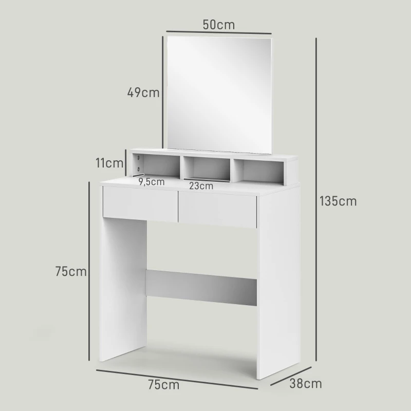 HOMCOM Coiffeuse avec miroir, table de maquillage avec 2 tiroirs et 3 compartiments, style moderne, 75 x 38 x 135 cm, blanc