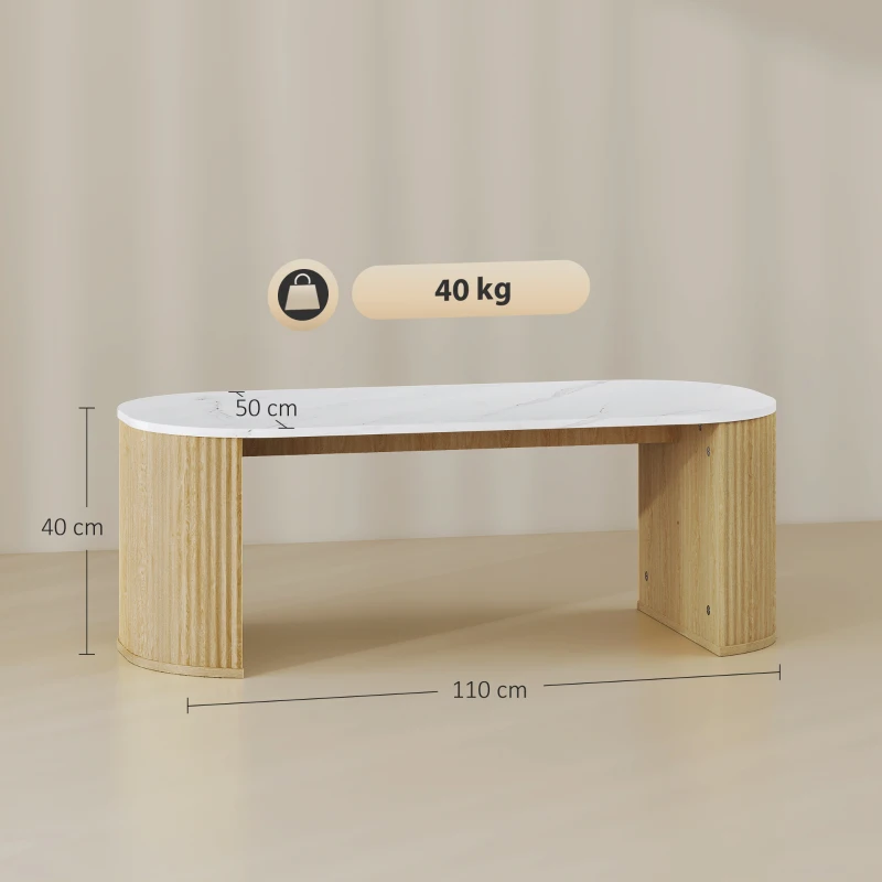 HOMCOM Table basse ovale, table d'appoint aspect effet marbre, coins arrondis pieds épais, 110 x 50 x 40 cm, blanc