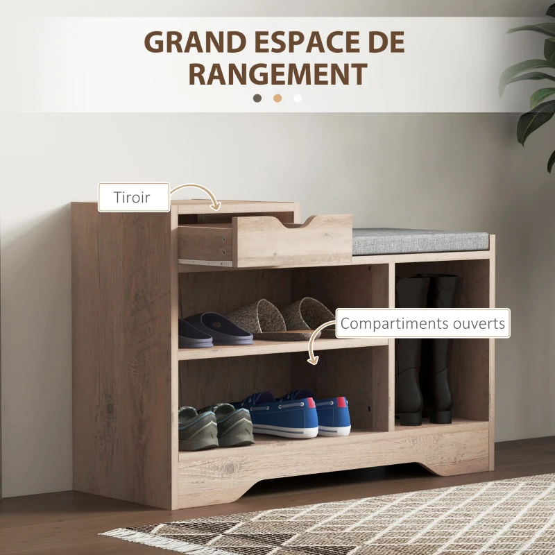 HOMCOM Banc à chaussures 1 tiroir et 3 compartiments, avec coussin rembourrée capacité 5 paires, 76,5 x 30 x 52 cm gris