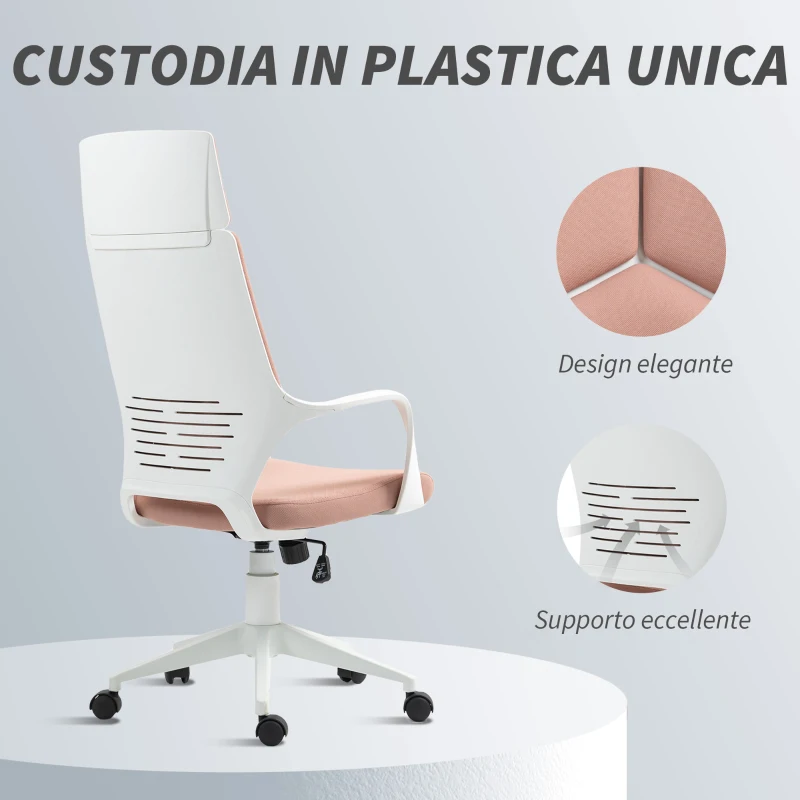 HOMCOM Silla de Oficina de Tela con Balanceo, Altura Ajustable y Asiento Giratorio, 63x63x117-127 cm, rosa