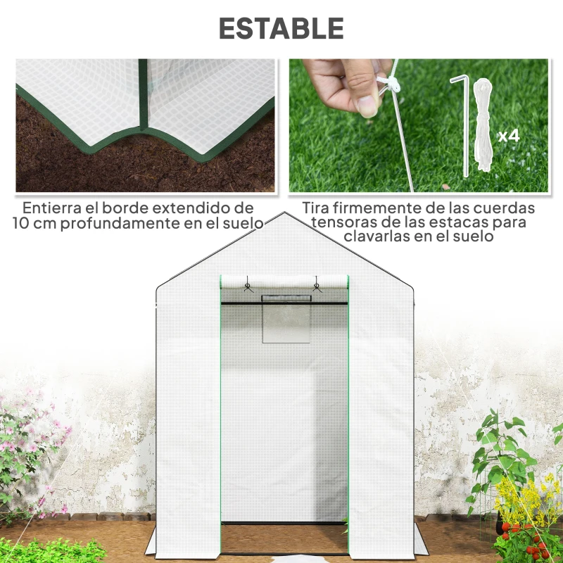 Outsunny Invernadero de Exterior con 6 Estantes Puerta Enrollable Cubierta de PE y Marco de Acero 143x74x190 cm Blanco