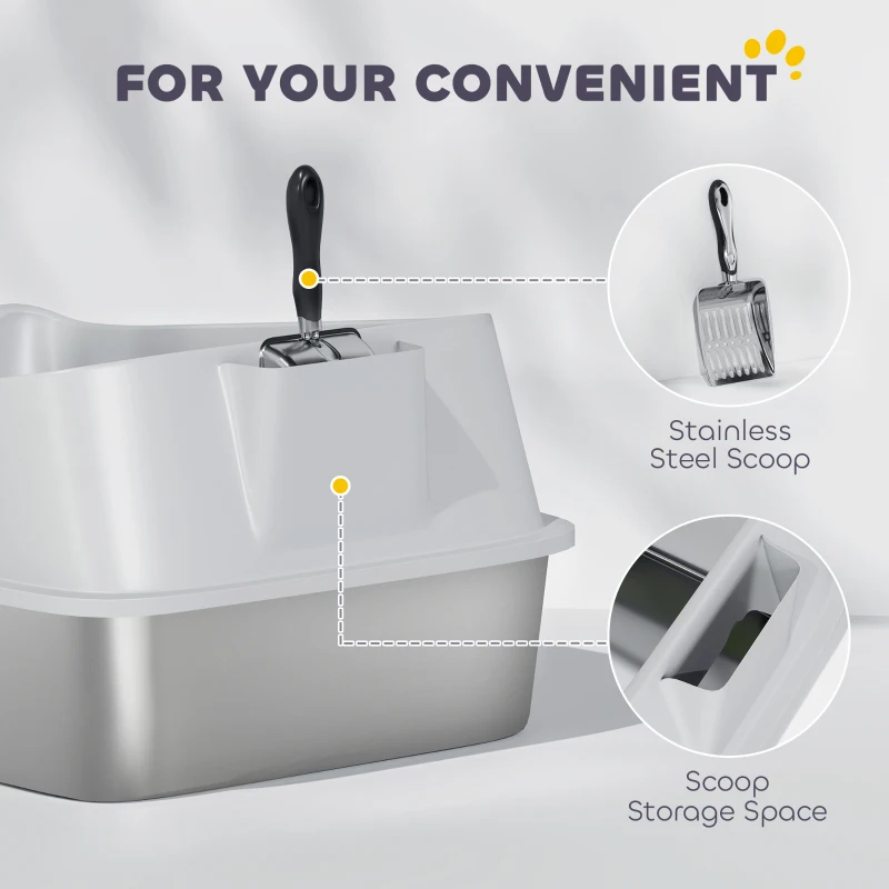 PawHut XL Stainless Steel Cat Litter Box with High Sides, Metal Scoop, 60 x 40 x 30 cm