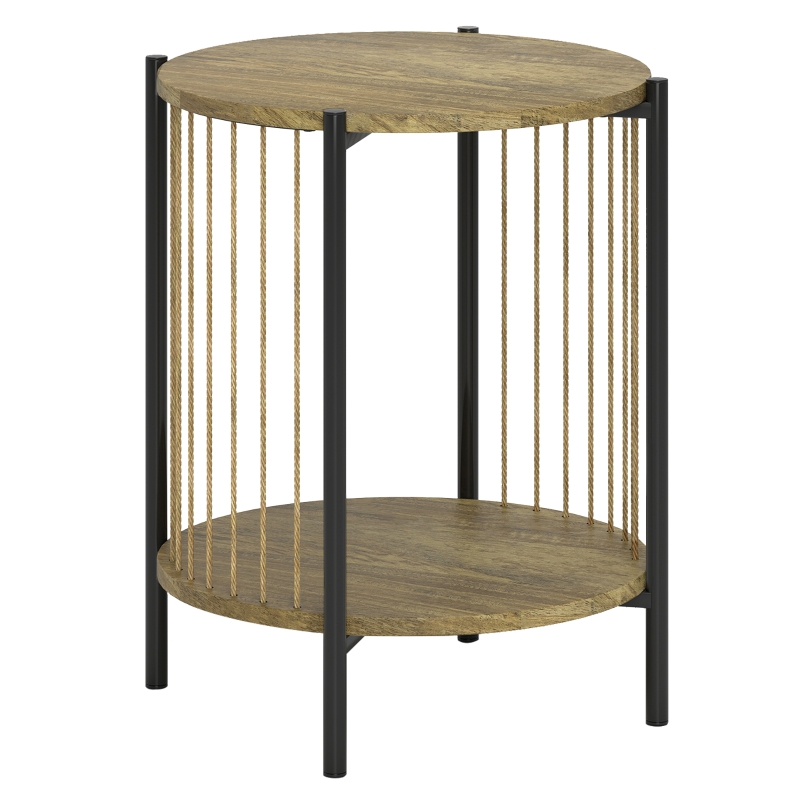 HOMCOM Runder Beistelltisch mit 2 Ebenen und Stahlkonstruktion für Wohnzimmer Schlafzimmer 43,5x43,5x51 cm Natur