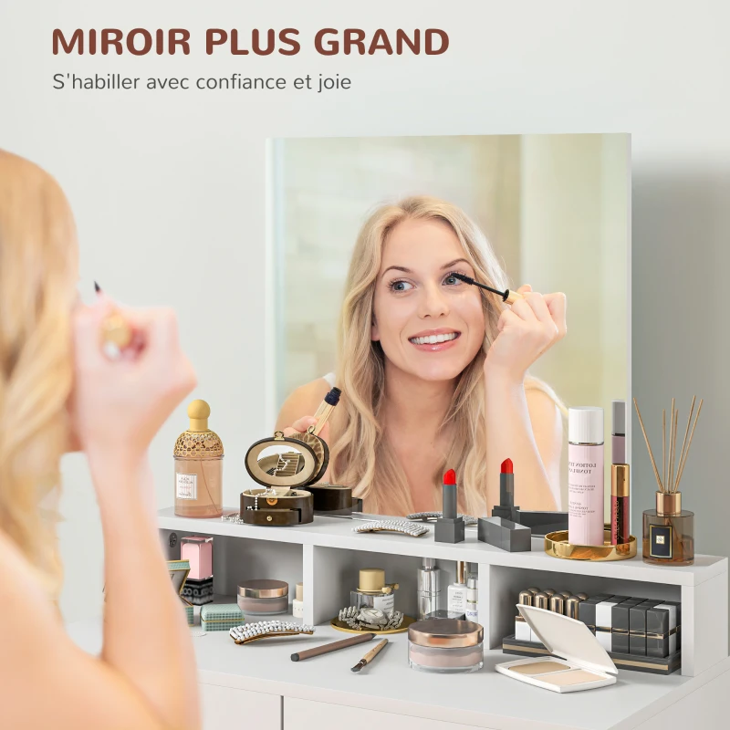 HOMCOM Coiffeuse avec miroir, table de maquillage avec 2 tiroirs et 3 compartiments, style moderne, 75 x 38 x 135 cm, blanc