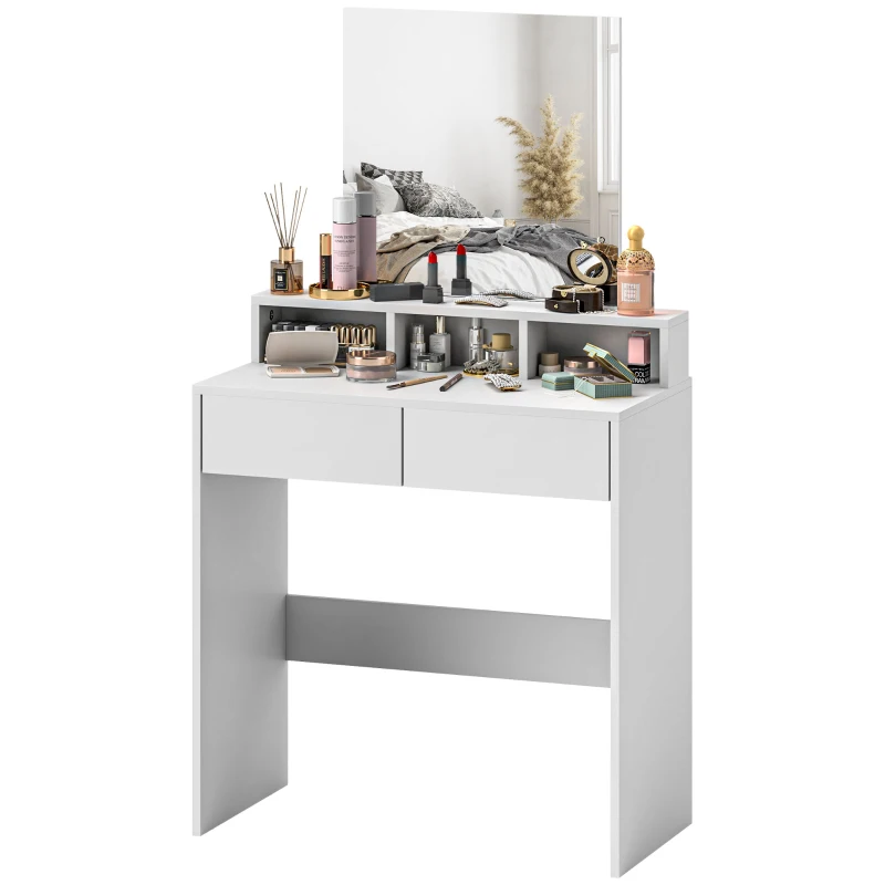 HOMCOM Coiffeuse avec miroir, table de maquillage avec 2 tiroirs et 3 compartiments, style moderne, 75 x 38 x 135 cm, blanc
