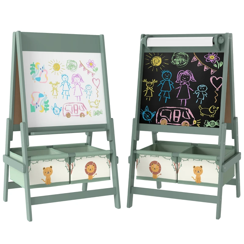 AIYAPLAY Lavagna per Bambini 3 in 1 con Cavalletto, Rotolo di Carta e 2 Cestelli, in Legno, 54x46x94 cm, Verde