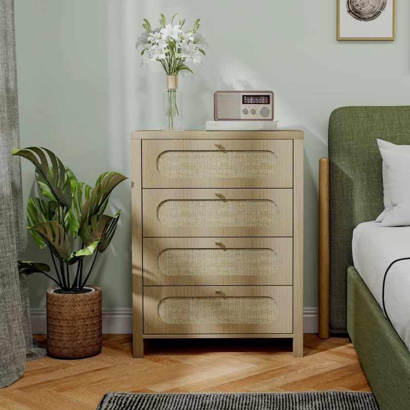 HOMCOM Commode 4 tiroirs meuble de rangement style bohémienne avec portes résine tressée, 70 x 38 x 93 cm, effet bois naturel