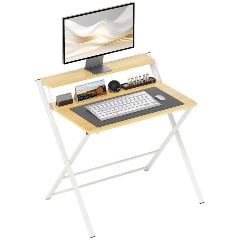 HOMCOM Compact Folding Desk for Small Spaces, Foldable Computer Desk with Storage Shelf for Home Office, 2-Tier Study Writing Table, 86 x 66 x 82 cm, Maple Wood-effect