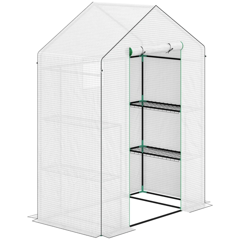 Outsunny Invernadero de Exterior con 6 Estantes Puerta Enrollable Cubierta de PE y Marco de Acero 143x74x190 cm Blanco
