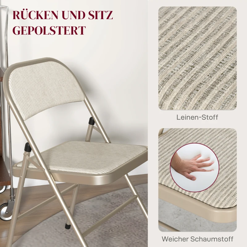 HOMCOM 6er-Set Klappstühle, Tragbare Bürostühle, Stahlbeine, Faltstuhl für Büro, Empfang, Wartezimmer, Leinenoptik Beige(m-4)
