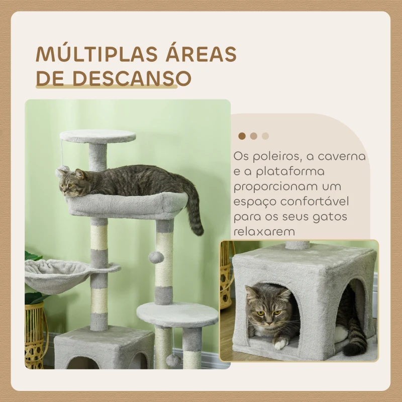 PawHut Arranhador para Gatos com Postes Arranhadores de Sisal Cova Plataformas e Bolas Suspensas 65x30x104 cm Cinzento Claro