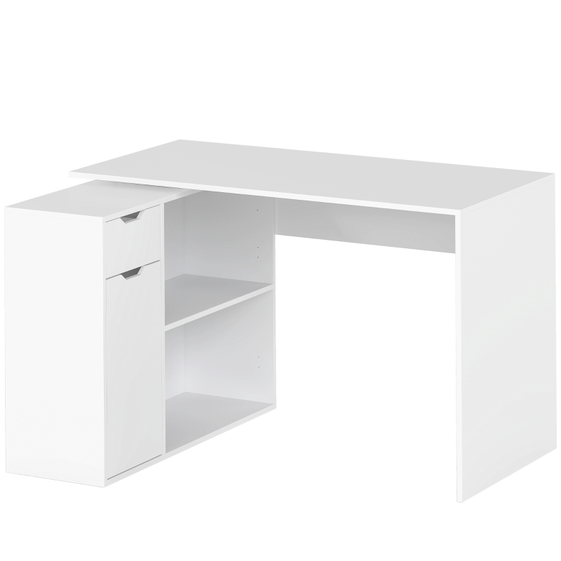 HOMCOM Escritorio flexible con armario de 2 niveles, cajón, estantes abiertos, Madera, Blanco