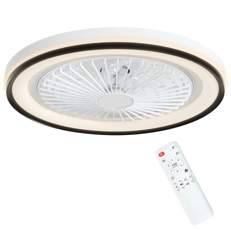 HOMCOM Ventoinha de Teto com Luz LED 48,5 W Motor DC Reversível Silenciosa com Controlo Remoto 6 Velocidades Temporizador  Ø48x13 cm Branco