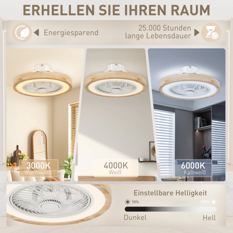 HOMCOM Deckenventilator mit Lampe und Fernbedienung, 6 Geschwindigkeiten, einstellbare Helligkeit, leiser Motor, Hellbraun