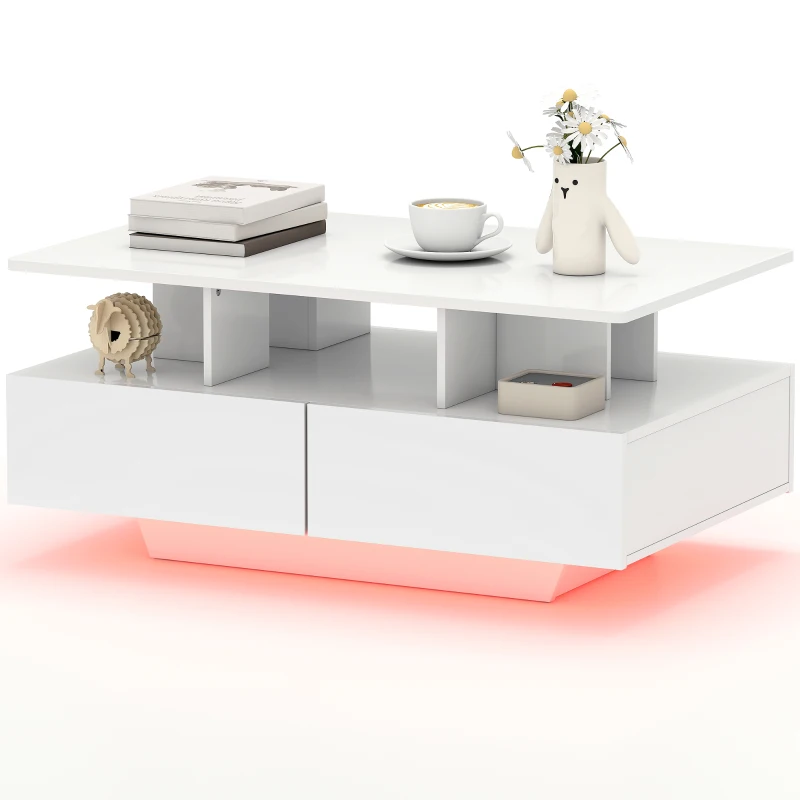 HOMCOM Mesa de Centro LED Moderna con 4 Cajones Estante Abierto y Luces LED de 16 Colores para Salón 90x55x41 cm Blanco Brillo