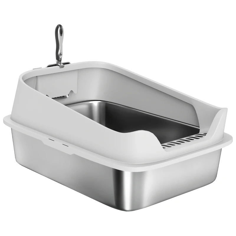 PawHut XL Stainless Steel Cat Litter Box with High Sides, Metal Scoop, 60 x 40 x 30 cm