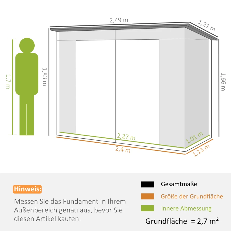 Outsunny Stahlgartenschuppen, Geräteschuppen, Doppeltüren, 249B x 121T x 166/183Hcm, Grau(m-3)