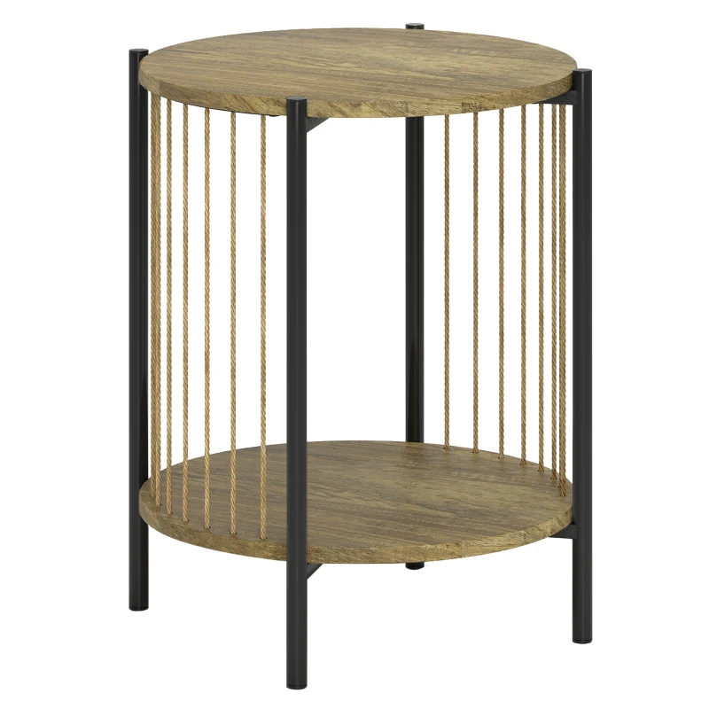HOMCOM Tavolino Rotondo a 2 Livelli con Ripiano e Struttura in Acciaio per Soggiorno Camera da Letto 43,5x43,5x51 cm Naturale