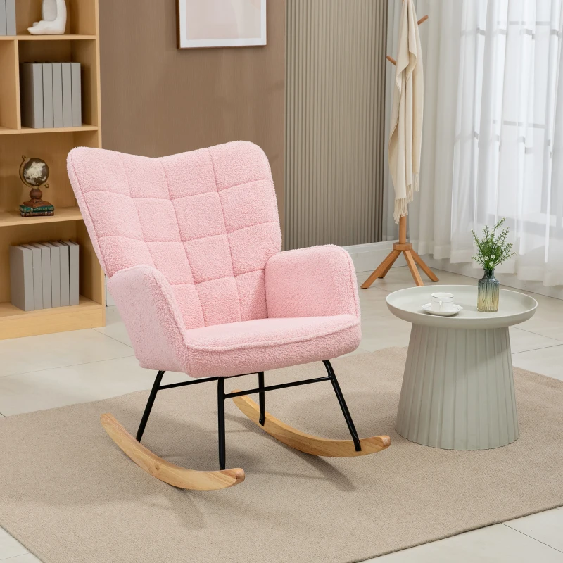 HOMCOM Soft Fleecey Rocking Wingback Chair - Pink(m-10)