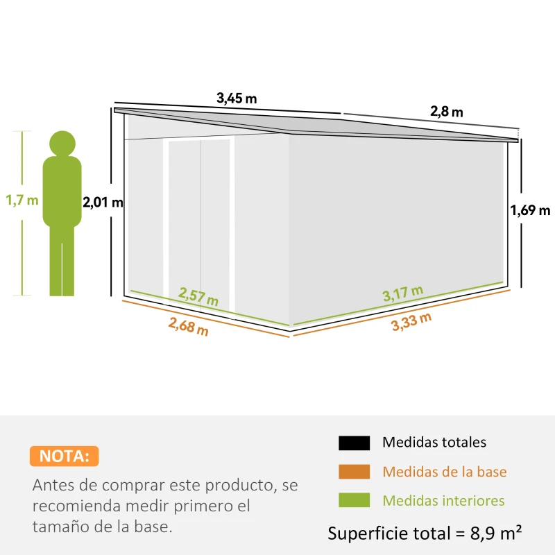 Outsunny Cobertizo de Jardín 280x345x201 cm 8,9 m² para Almacenamiento de Herramientas con Puerta y 2 Ventanas Gris(m-3)