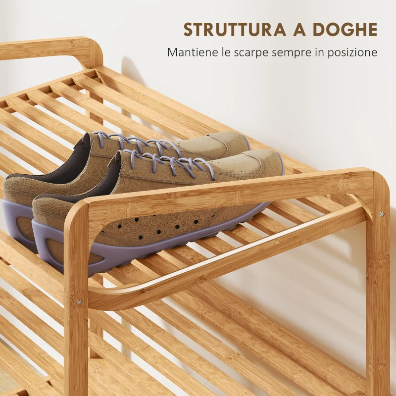 HOMCOM Scaffale Scarpiera a 3 Livelli per 12 Scarpe con Ripiani a Doghe in Bambù, 76x33x50.8 cm, Colore Legno