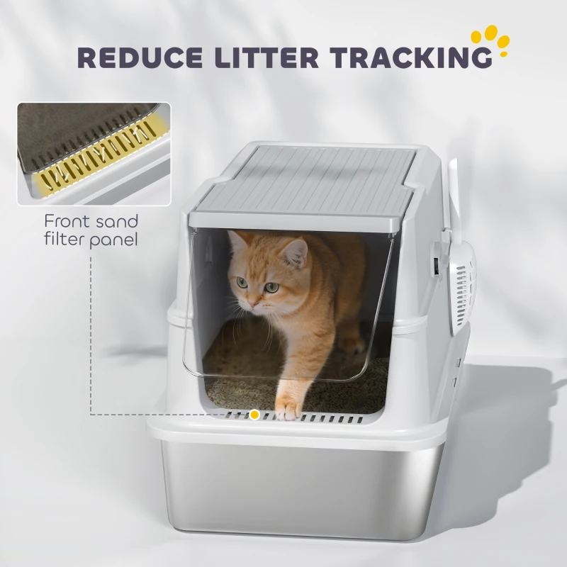 PawHut Extra Large Stainless Steel, Cat Litter Tray with Scoop, Flip Top