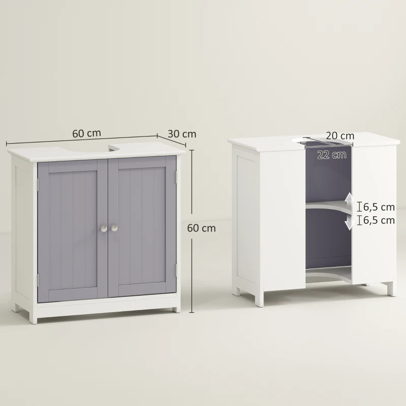 kleankin 60x60cm Under-Sink Storage Cabinet w/ Adjustable Shelf Handles Drain Hole Bathroom Cabinet Space Saver Organizer White and Grey