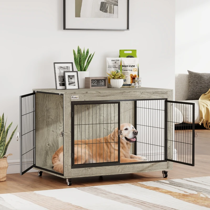 PawHut Dog Crate Furniture with Wheels, Double Doors, for Large Dogs, Grey
