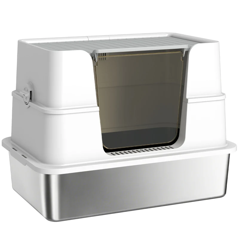 PawHut Caja de Arena para Gatos de Acero Inoxidable con Entrada XL, con Pala, Gris Claro