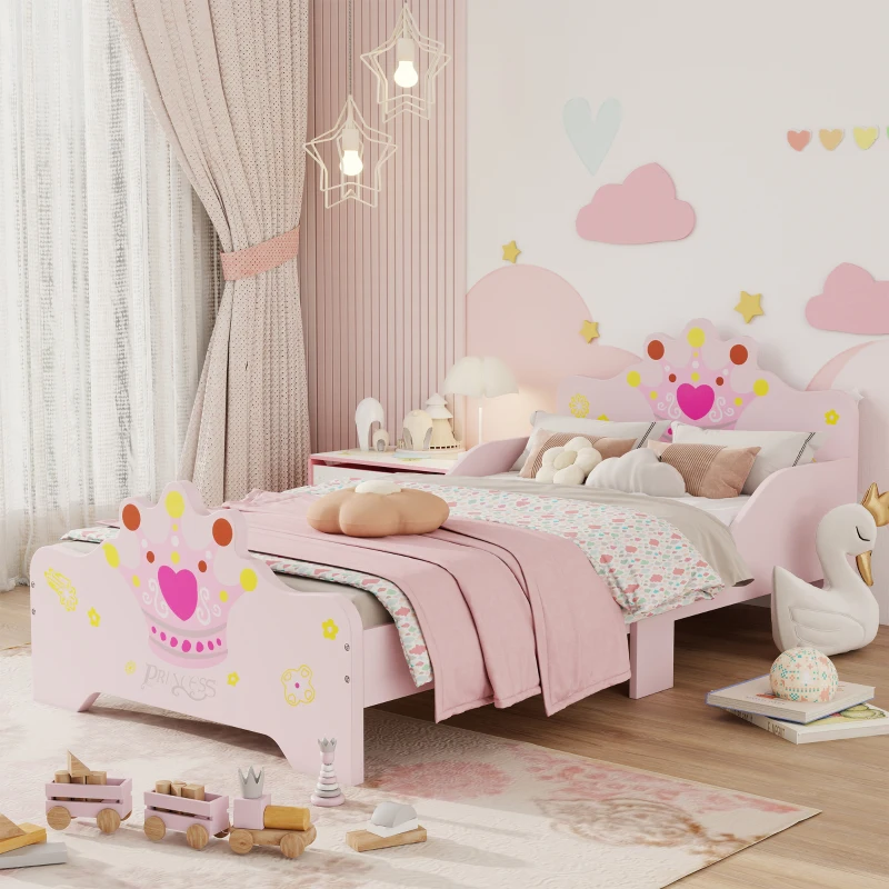 HOMCOM Kids Toddler Bed Princess Crown Theme Safety Side Rails Slats Home Bedroom Furniture Boys Girls 3-6 Yrs Pink 143 x 73 x 60 cm