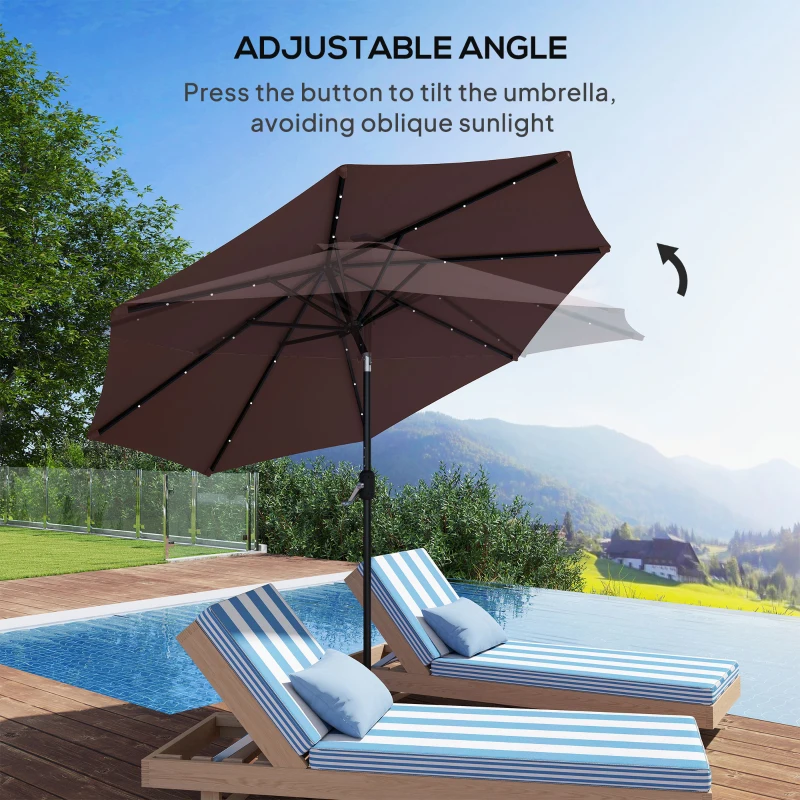 Outsunny Φ2.7m Garden 24 LED Light Parasol Solar Outdoor Tilt Sun Umbrella Patio Club Party Event Manual Sun Shade w/ Hand Crank and 8 Ribs, Brown